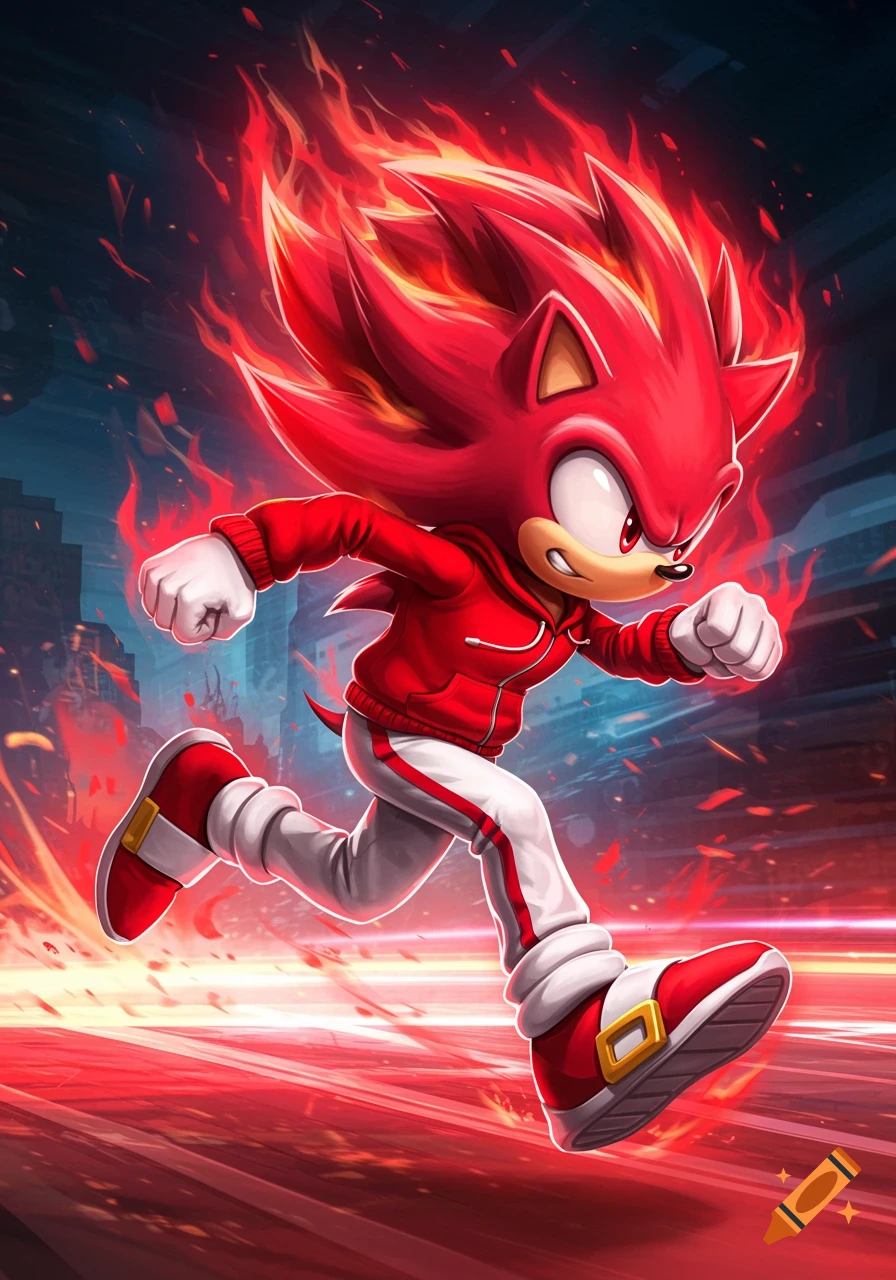 Red Sonic the Hedgehog with fiery red quills and a red hoodie runs across a blurred, fiery red background in a vibrant cartoon style.