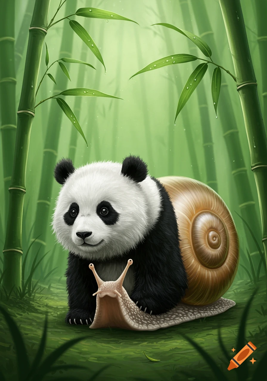 A cute panda with a snail's shell and foot, standing in a bamboo forest, looking at a small snail.