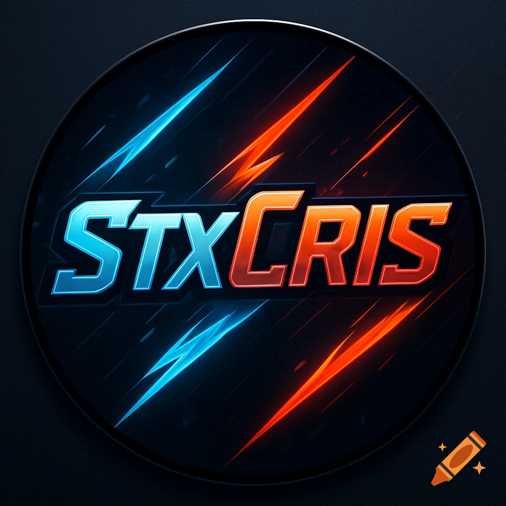 A circular gaming logo featuring the name STXCRIS in stylized blue and orange text with glowing lightning effects on a dark background.