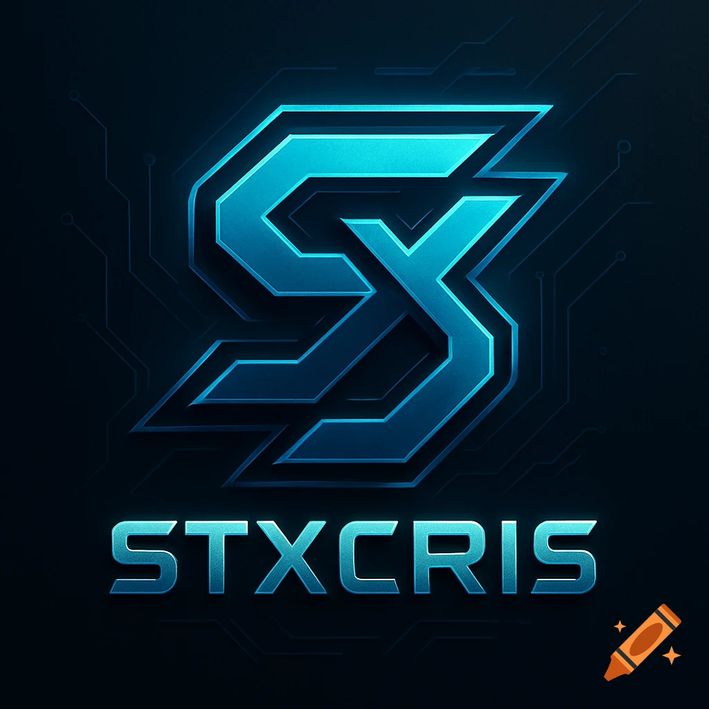 A futuristic blue and black logo with stylized interlocking letters resembling 'STX' above the word 'STXCRIS' in glowing metallic text, set against a dark background with subtle circuit board lines.