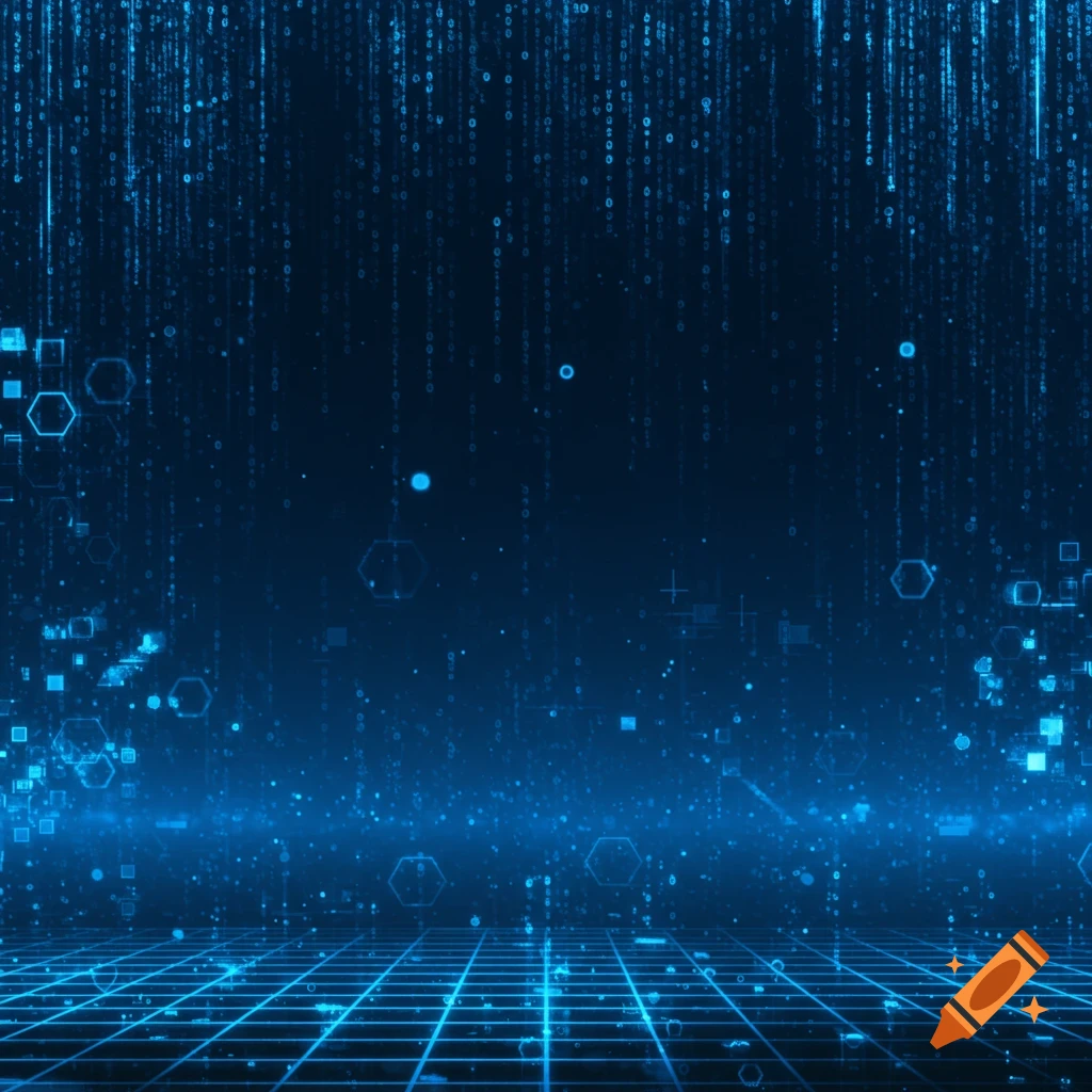 Blue abstract digital background with falling binary code and a grid floor.
