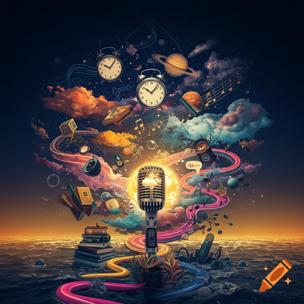 A surreal digital painting of a vintage microphone amidst glowing clouds, planets, alarm clocks, musical notes, and books, all intertwined by colorful ribbons flowing into an ocean at sunset.