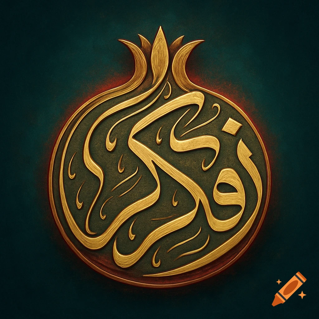 Golden Arabic calligraphy forming the shape of a pomegranate on a dark background.