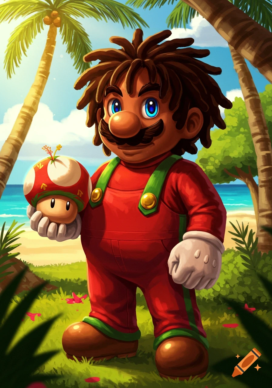 A Black Mario character with locs, in red overalls and green suspenders, holding a super mushroom on a tropical beach.