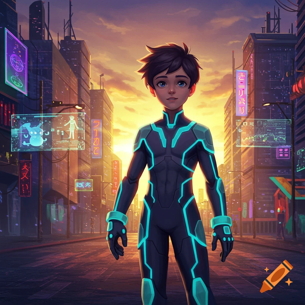 A boy in a black and teal futuristic suit stands in a cyberpunk city at sunset, with neon signs and holographic displays.