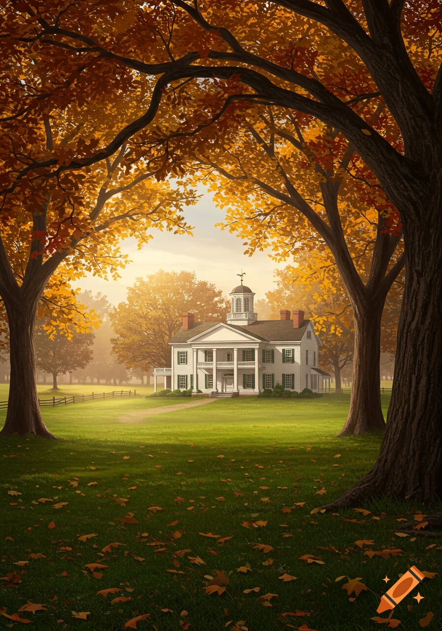 A grand white estate with columns and a cupola, surrounded by vibrant orange and yellow autumn trees and a green lawn under a golden sky.