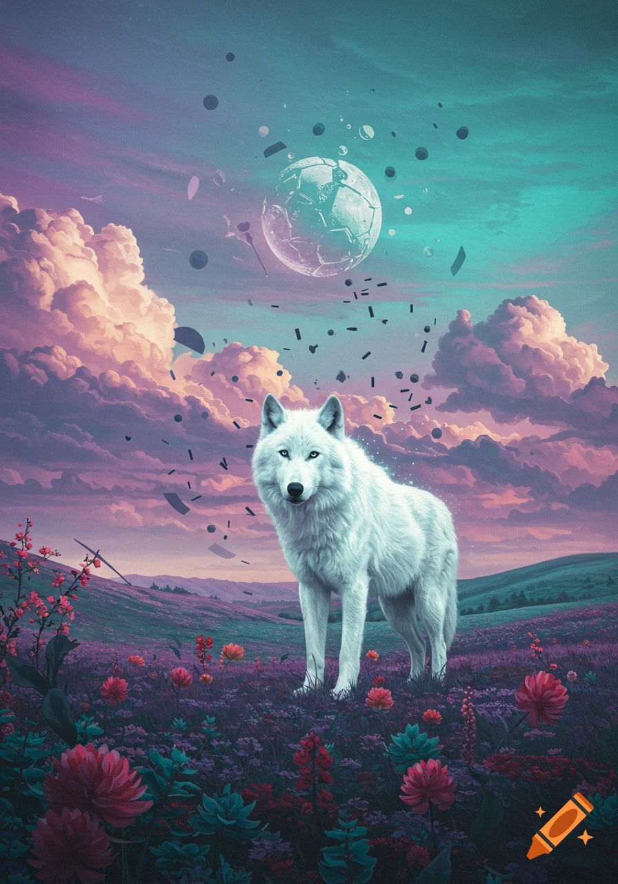 A white wolf stands in a vibrant purple and green field under a teal and pink sky with a breaking moon and floating debris.