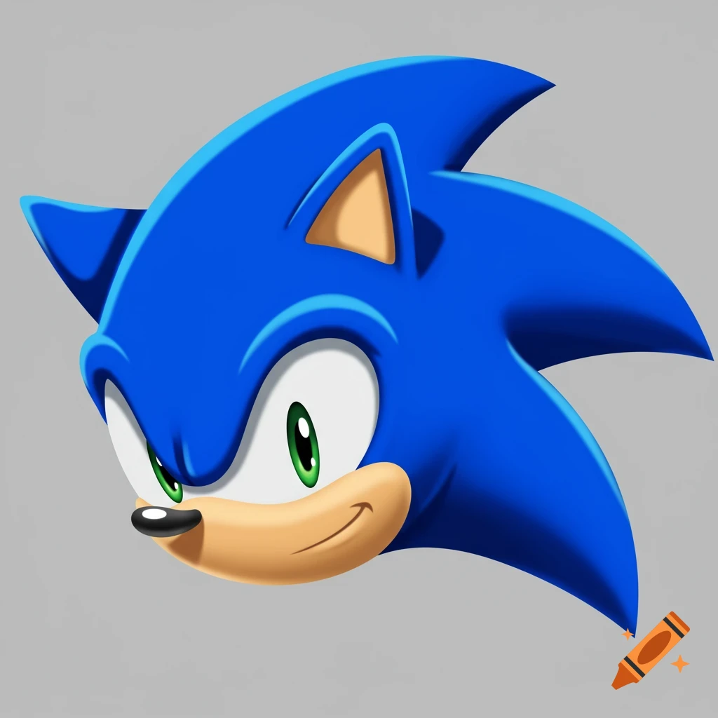A vibrant, stylized close-up of Sonic the Hedgehog's head, facing right with a slight smile, on a plain gray background.