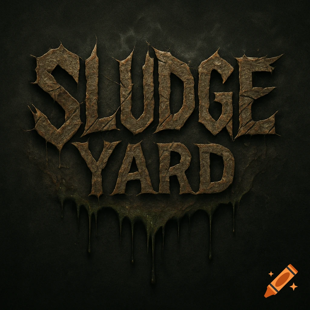 A dark, gritty logo with the words "SLUDGE YARD" in rusted, textured, jagged letters, with green sludge dripping from the bottom.