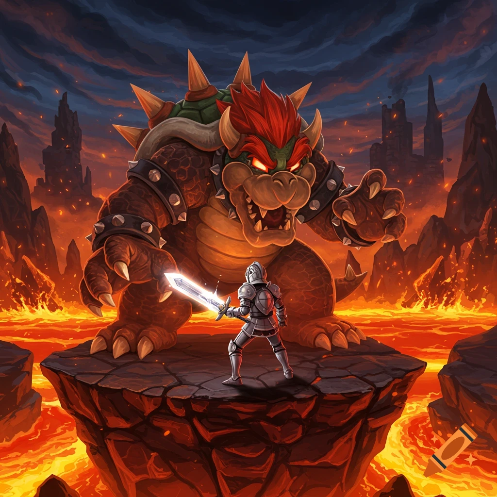 A knight faces a giant Bowser in a dramatic, lava-filled landscape with dark skies. Illustration.