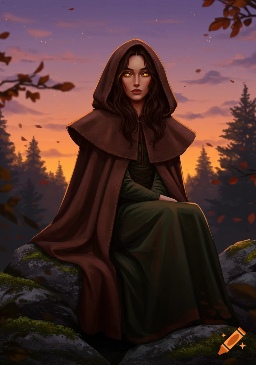 An illustrative portrait of a woman with glowing eyes in a brown hooded cape and green dress, sitting on a mossy rock in a forest at dusk.