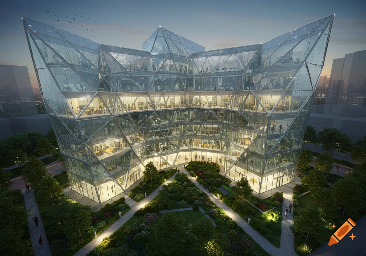 A striking, multi-faceted glass building surrounded by a lush, illuminated garden with pathways at dusk, photorealistic.
