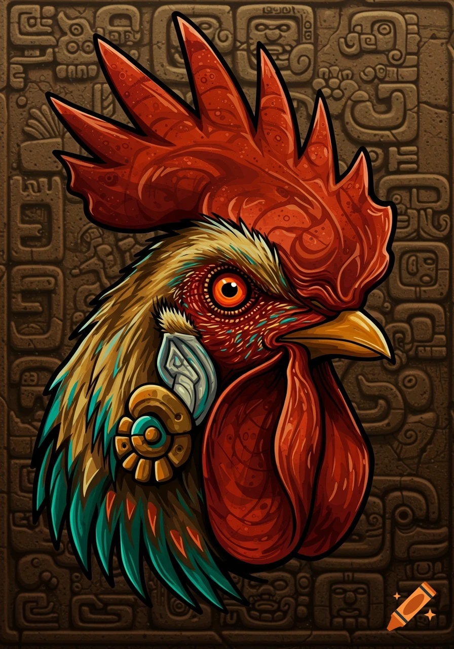 Stylized illustration of a rooster's head and neck in Mayan or Aztec art style, with a rich red comb and wattle, and patterned golden and teal feathers against a textured stone background with ancient glyphs.