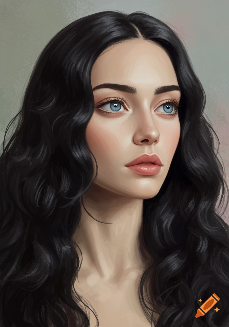 Digital painting of a young woman with long dark wavy hair, blue eyes, and pale skin, looking elegant.