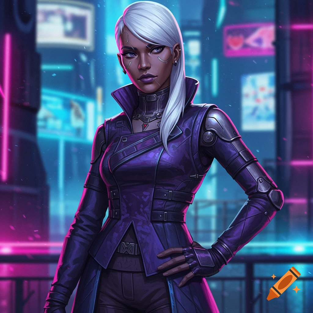 A white-haired woman in a purple futuristic outfit stands in a neon cyberpunk city.