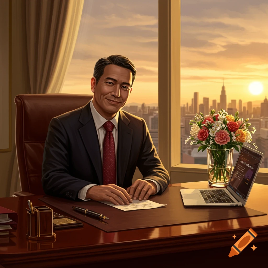 A professional man in a suit sits at a desk with a laptop and flowers, overlooking a city skyline at sunset.