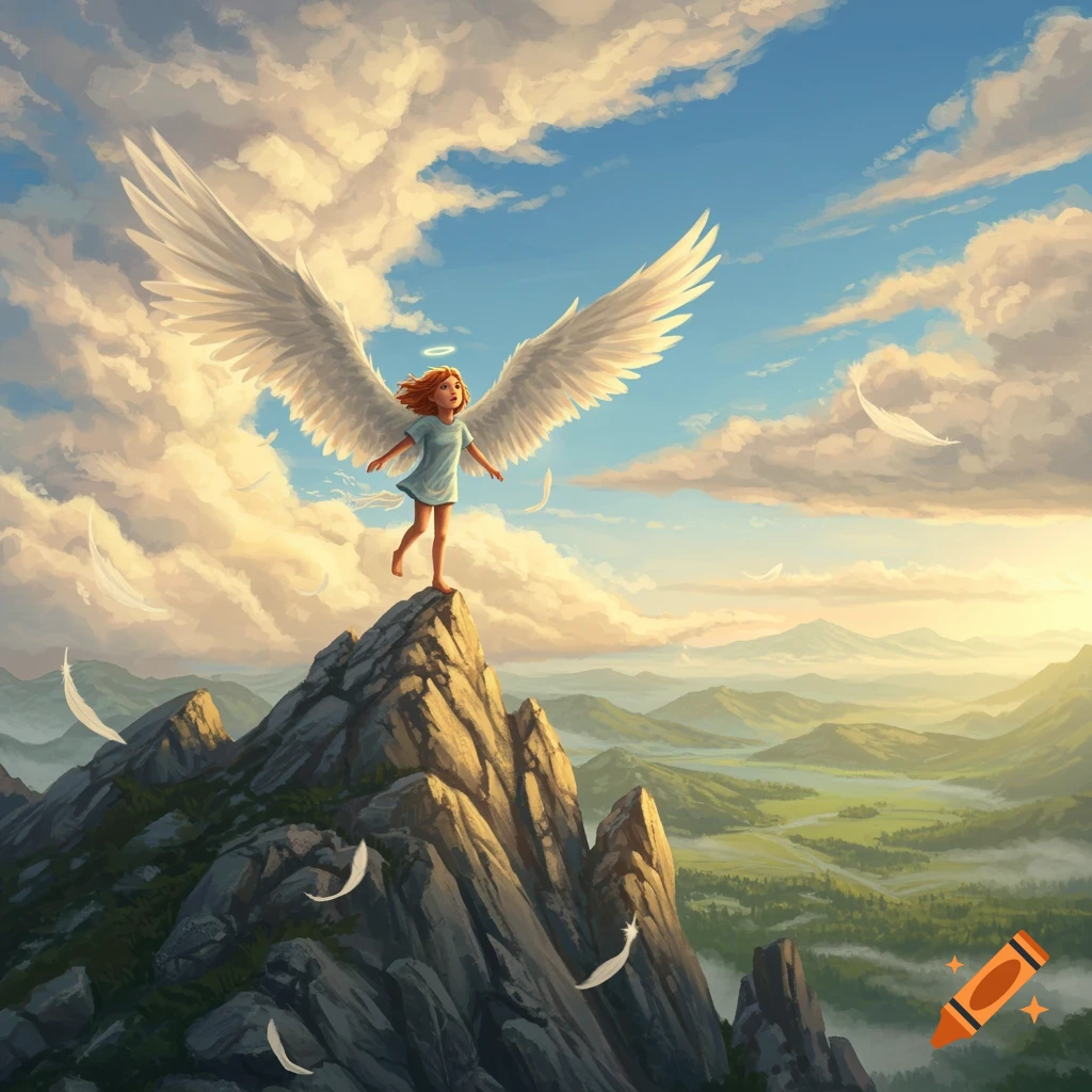 A young girl with large white wings stands atop a solitary mountain peak overlooking a vast, misty valley under a cloudy sky.