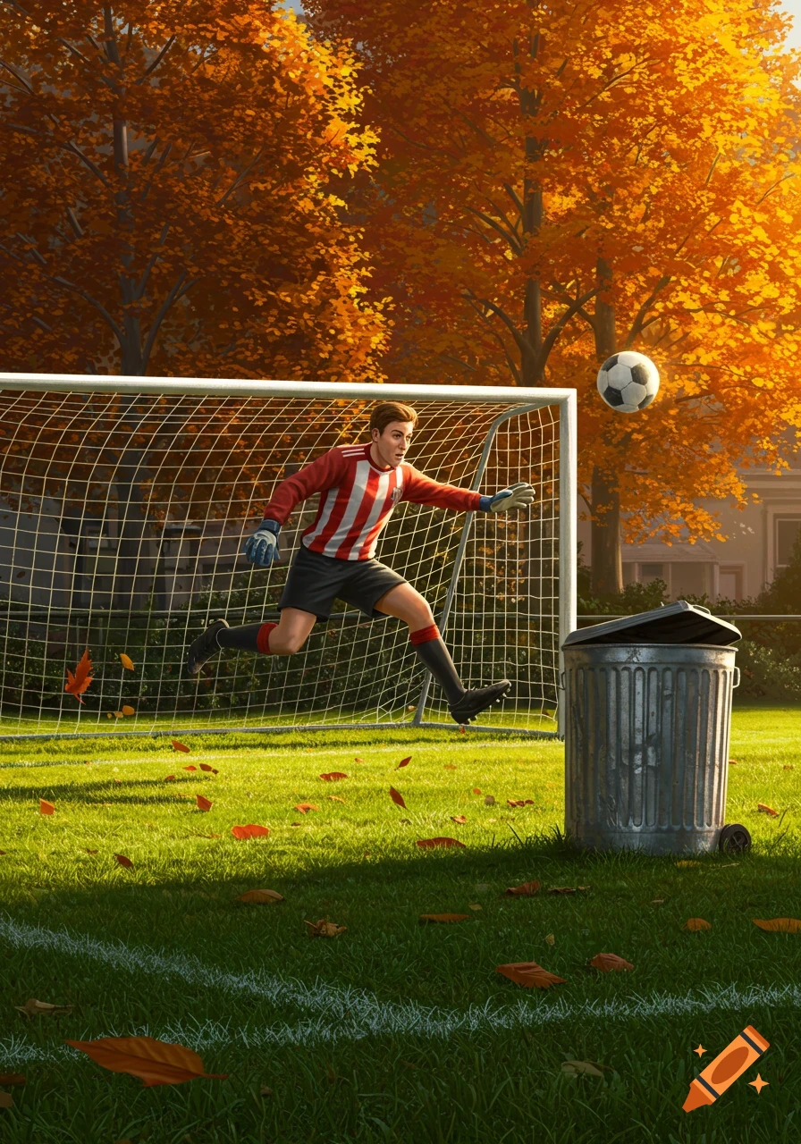 A male soccer goalie jumps to block a ball near a goal and trash can on an autumn field with orange trees.