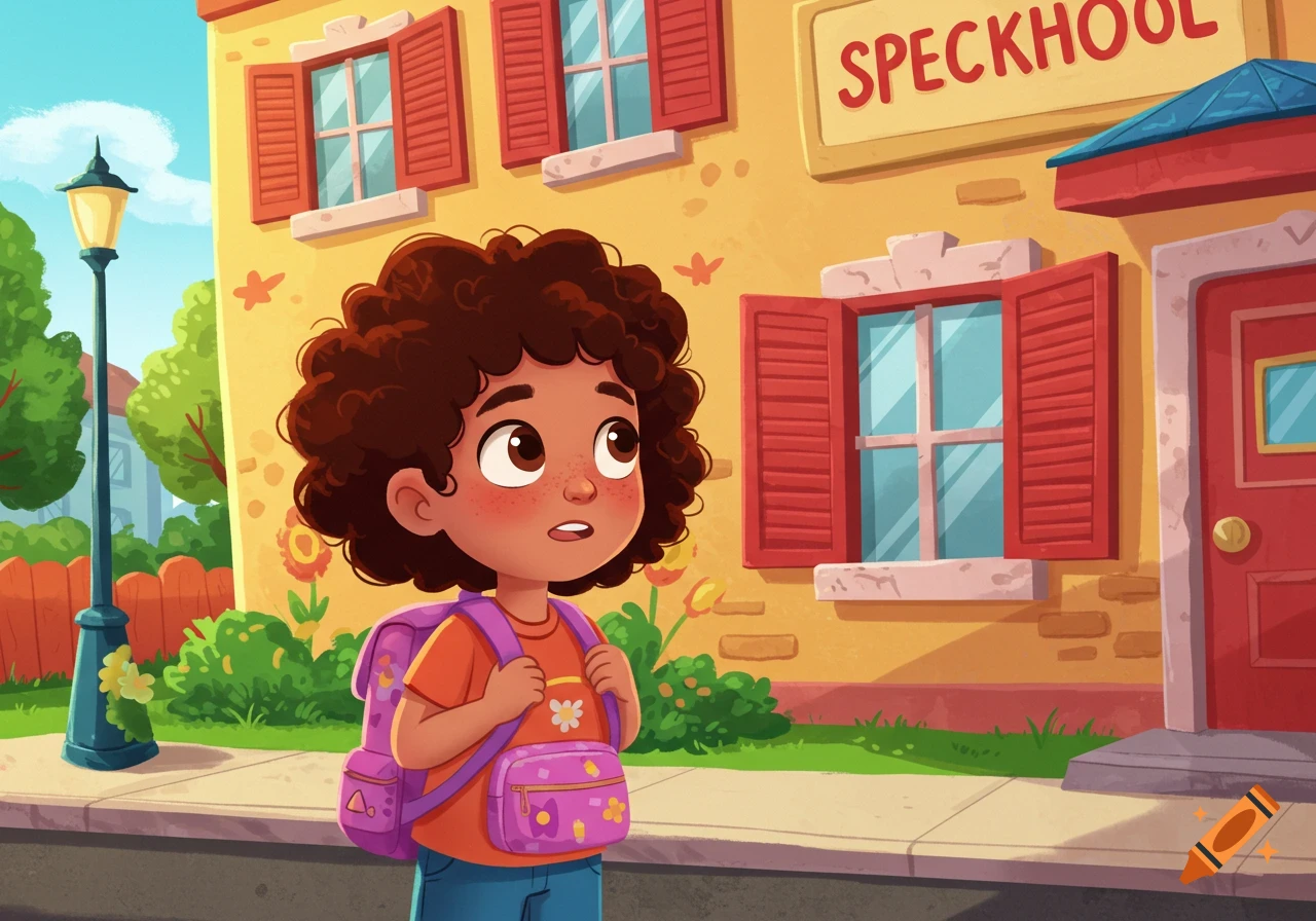 A cartoon illustration of a young girl with curly hair and a purple backpack standing outside a yellow preschool building.