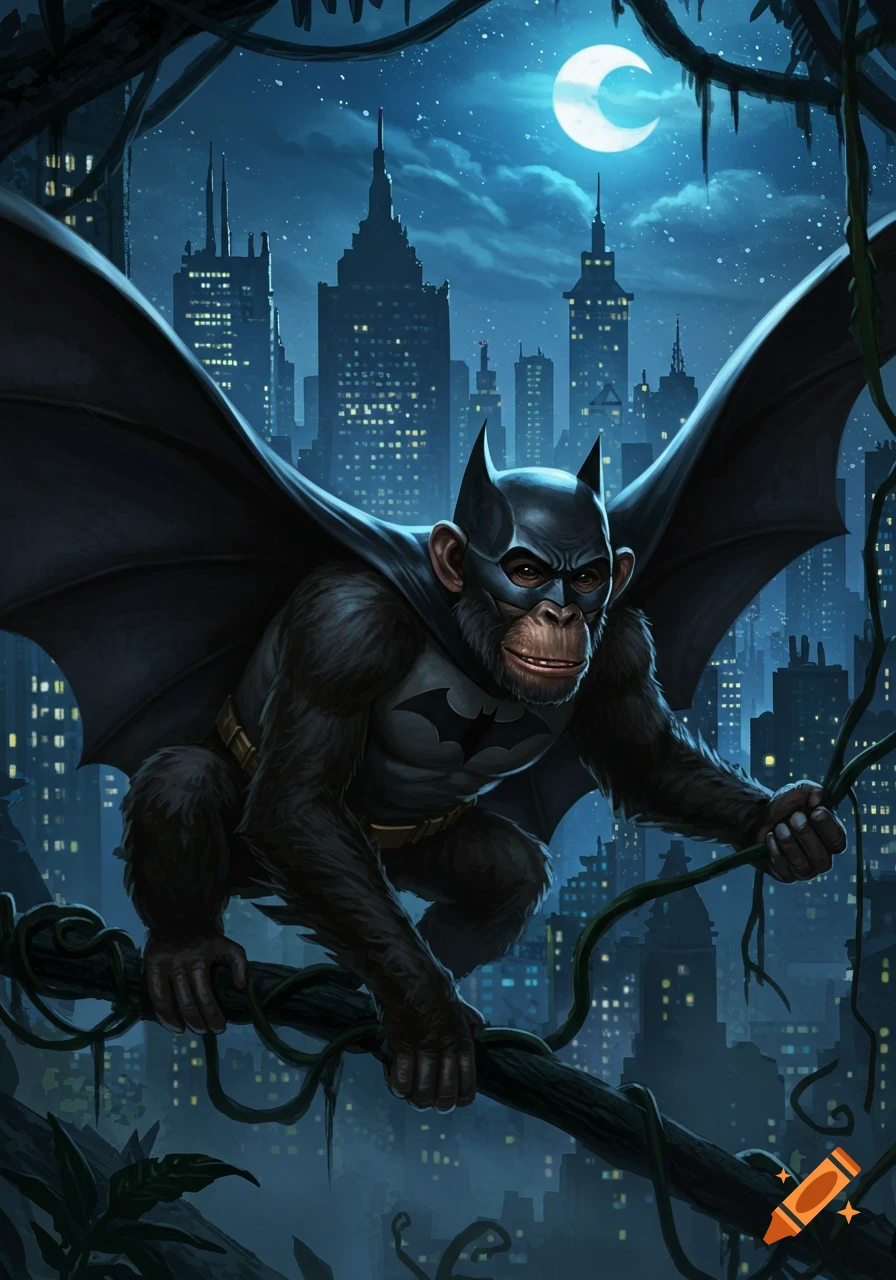 A chimpanzee dressed as Batman perches on a branch with a city skyline and crescent moon in the background, digital art style.