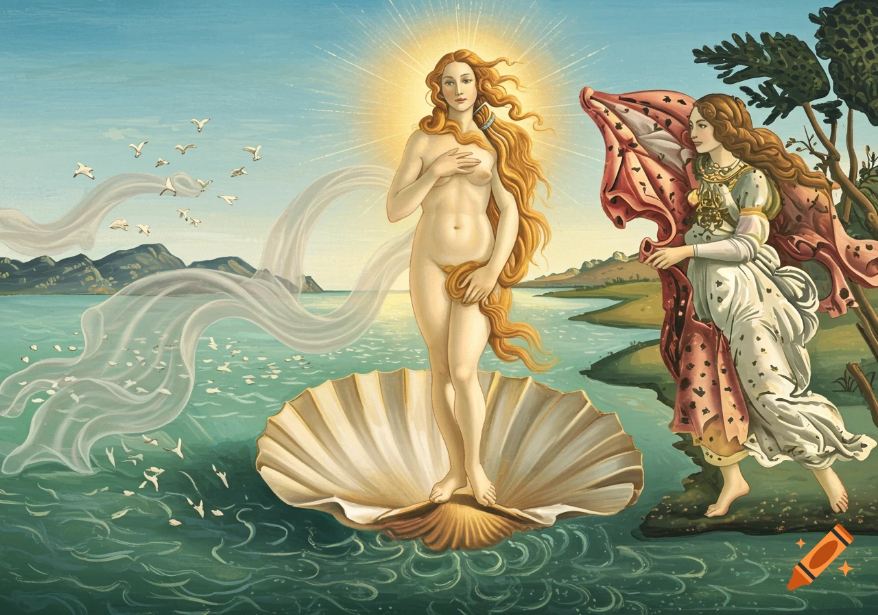 A reinterpretation of The Birth of Venus, with a nude woman on a shell in the ocean, being cloaked by another figure, in a classical painting style.