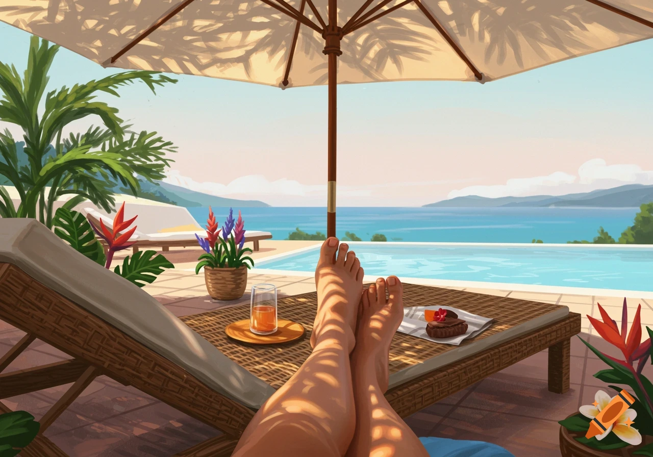 First-person view of legs and feet relaxing on a sunbed by a tropical infinity pool overlooking the ocean, illustration style.