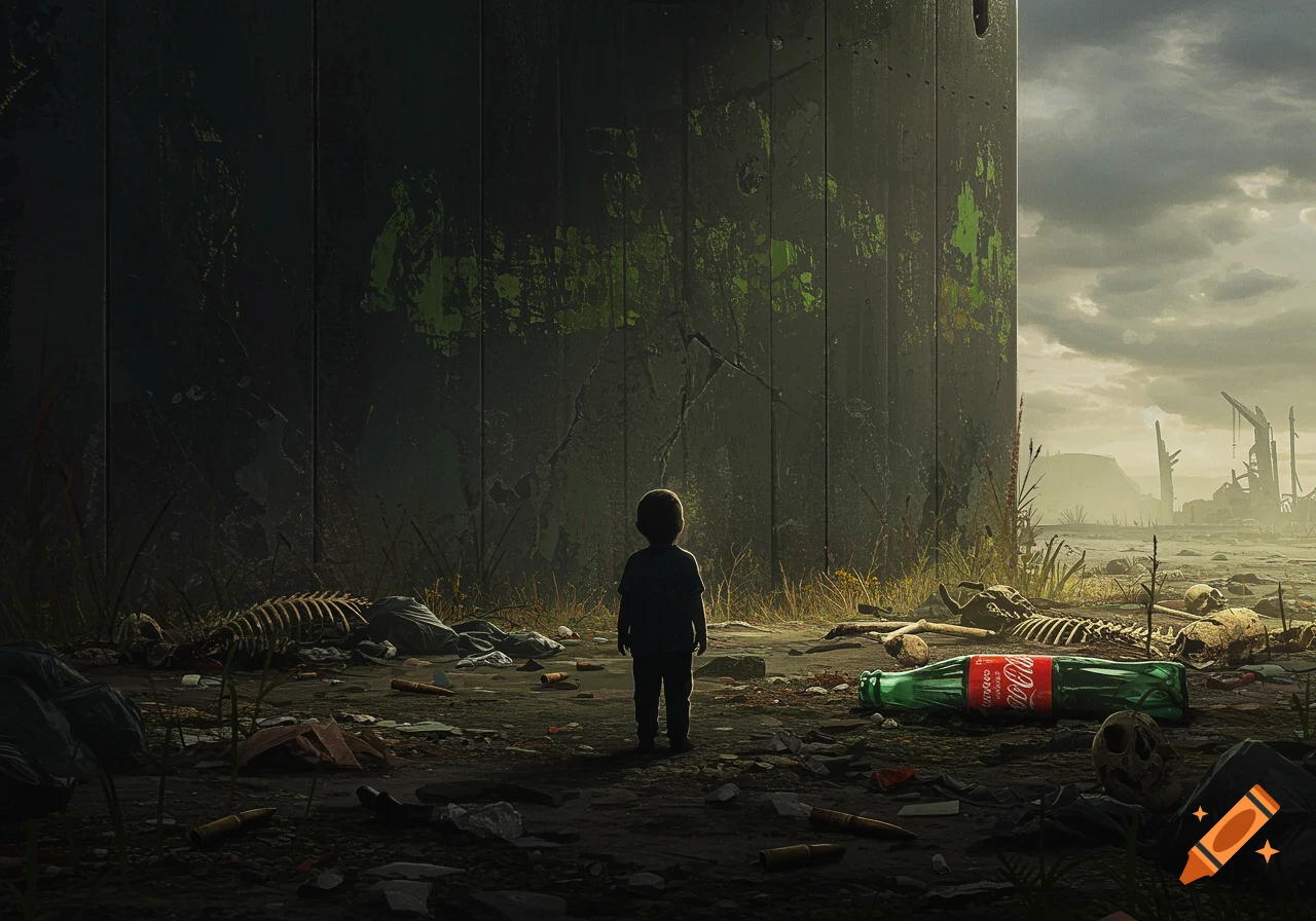A lone child stands facing a massive wall in a desolate, post-apocalyptic landscape littered with skeletons, debris, and an old Coca-Cola bottle.