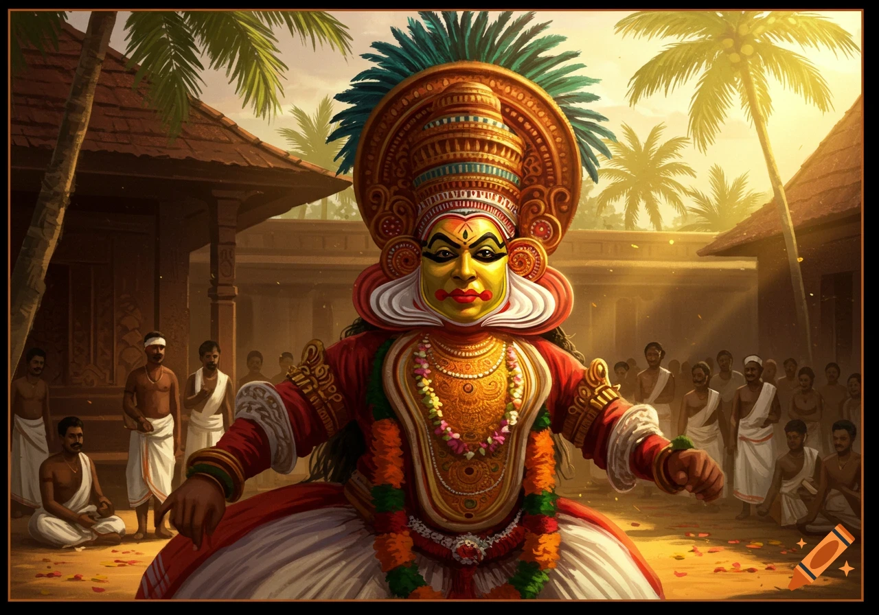 A performer in an elaborate red and gold traditional Indian costume with a large feathered headdress and dramatic face paint, performing outdoors in golden light with onlookers.