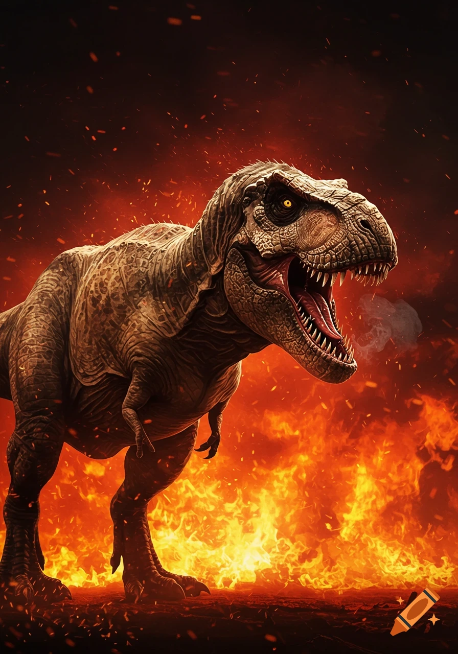 A photorealistic Tyrannosaurus Rex with glowing yellow eyes roars amidst a fiery, smoke-filled landscape.
