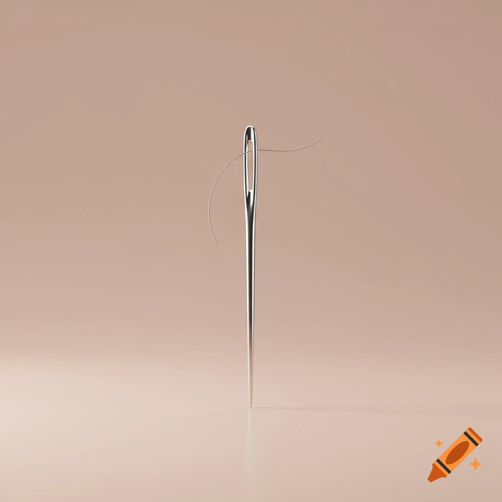 A shiny silver sewing needle with a thin white thread threaded through its eye stands upright against a plain light brown background.