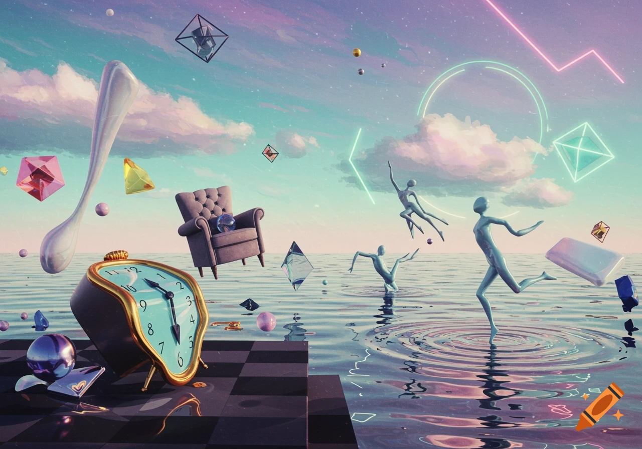 A surreal landscape with a melting clock, floating armchair, giant spoon, geometric shapes, and abstract figures in water under a pastel sky with neon lines.