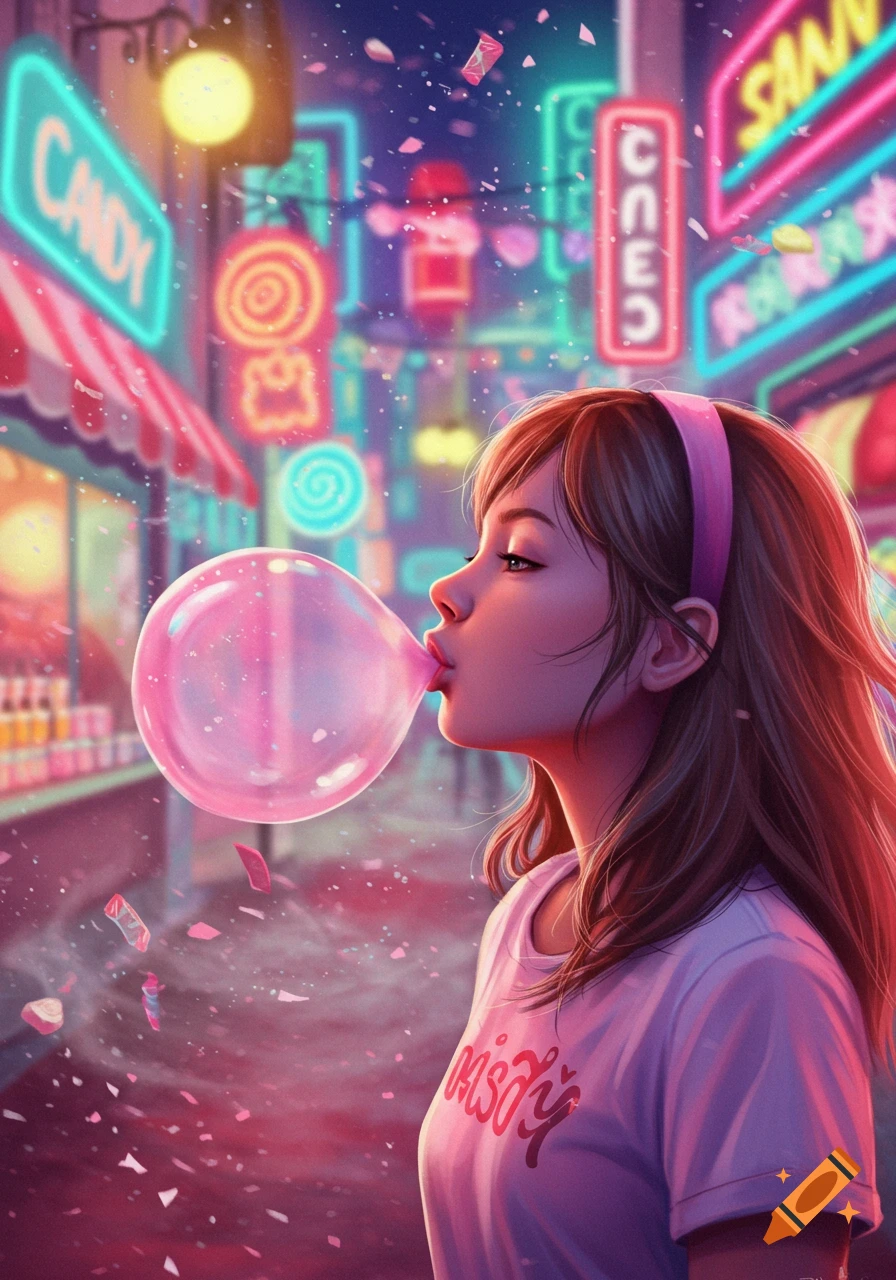 A stylized digital art portrait of a girl blowing a large pink bubblegum bubble on a vibrant, neon-lit city street at night.