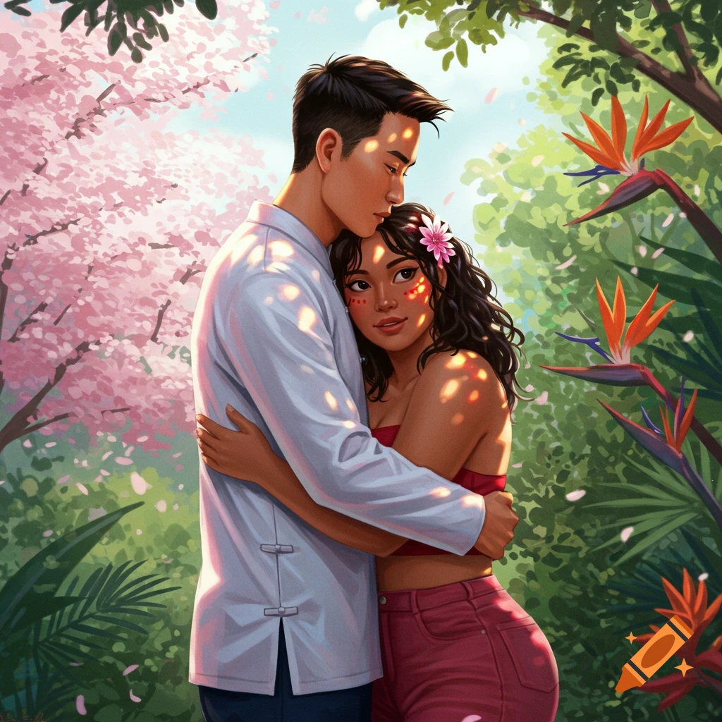 A man and a woman embracing in a vibrant garden with pink blossoms and tropical flowers, dappled sunlight falling on them.