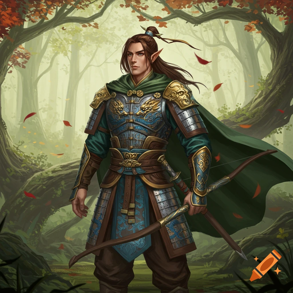 A male elven ranger in intricate Ming Dynasty-style armor stands in a forest, holding a bow.