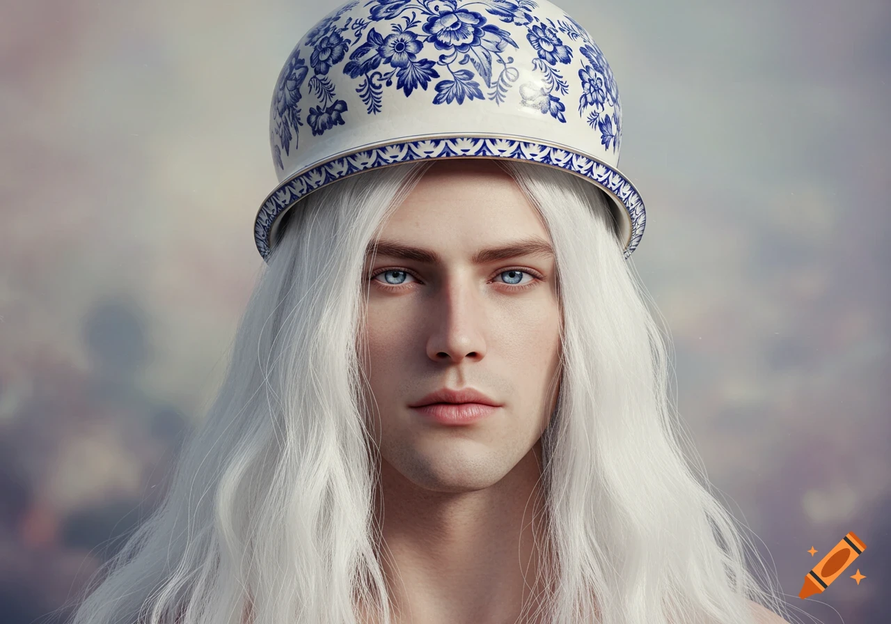 Photorealistic portrait of a handsome man with long white hair and blue eyes, wearing a blue and white patterned bowl on his head.