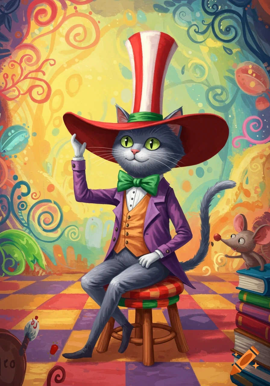 A cartoon cat in a purple suit and striped top hat sits on a stool in a vibrant, whimsical room, with a mouse and books nearby.