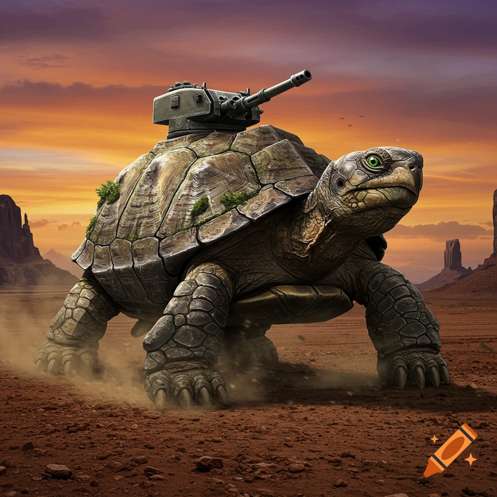 A detailed turtle with a tank turret on its back walks through a dusty desert at sunset, with distant rock formations.