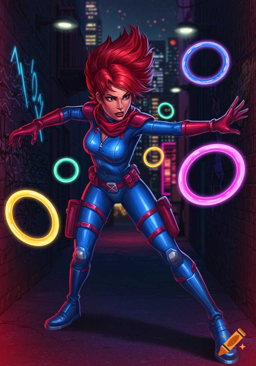 A stylized comic book illustration of a red-haired female superhero in a blue suit with glowing neon rings in a dark city alley.