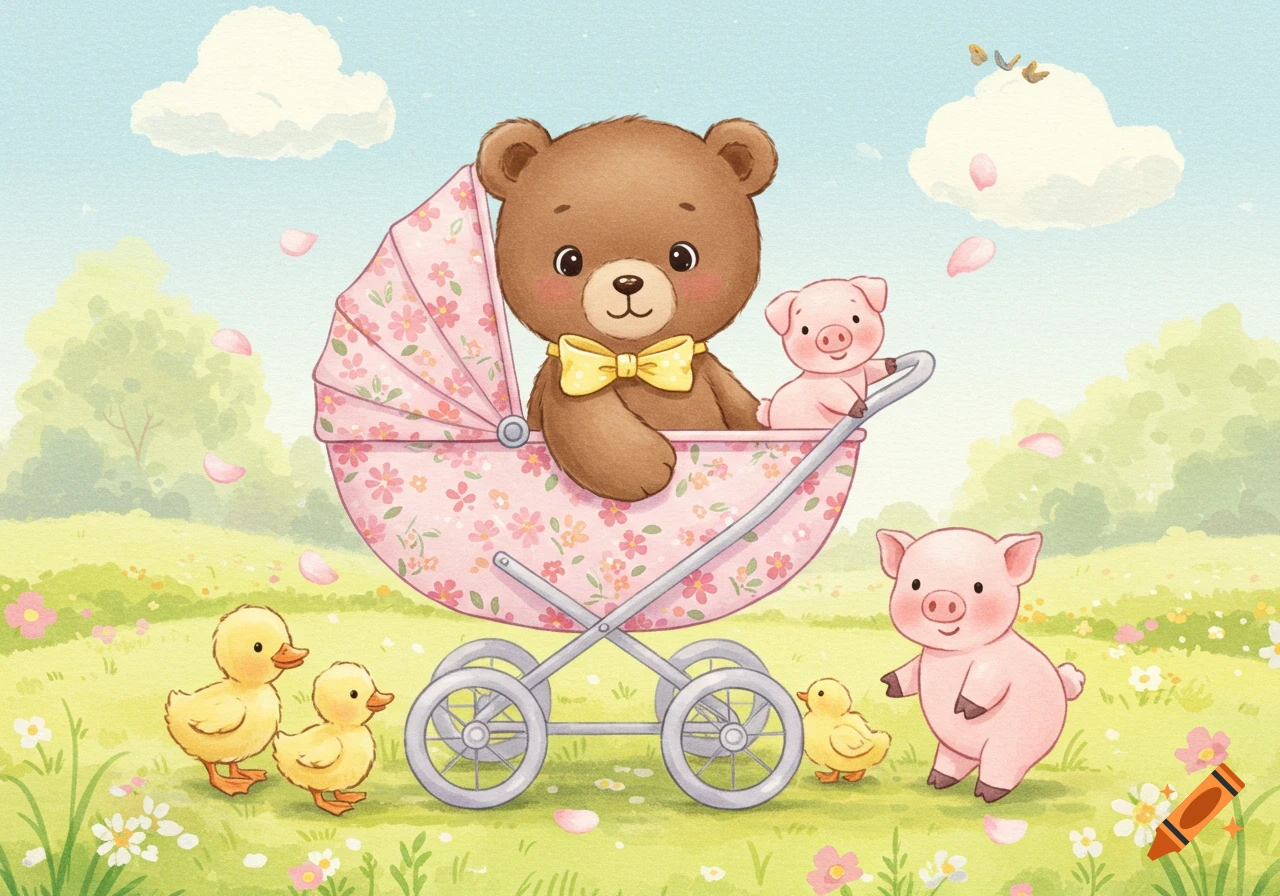 Whimsical watercolor of a cartoon bear in a pink floral baby stroller, with baby pigs and ducklings in a flowery field.