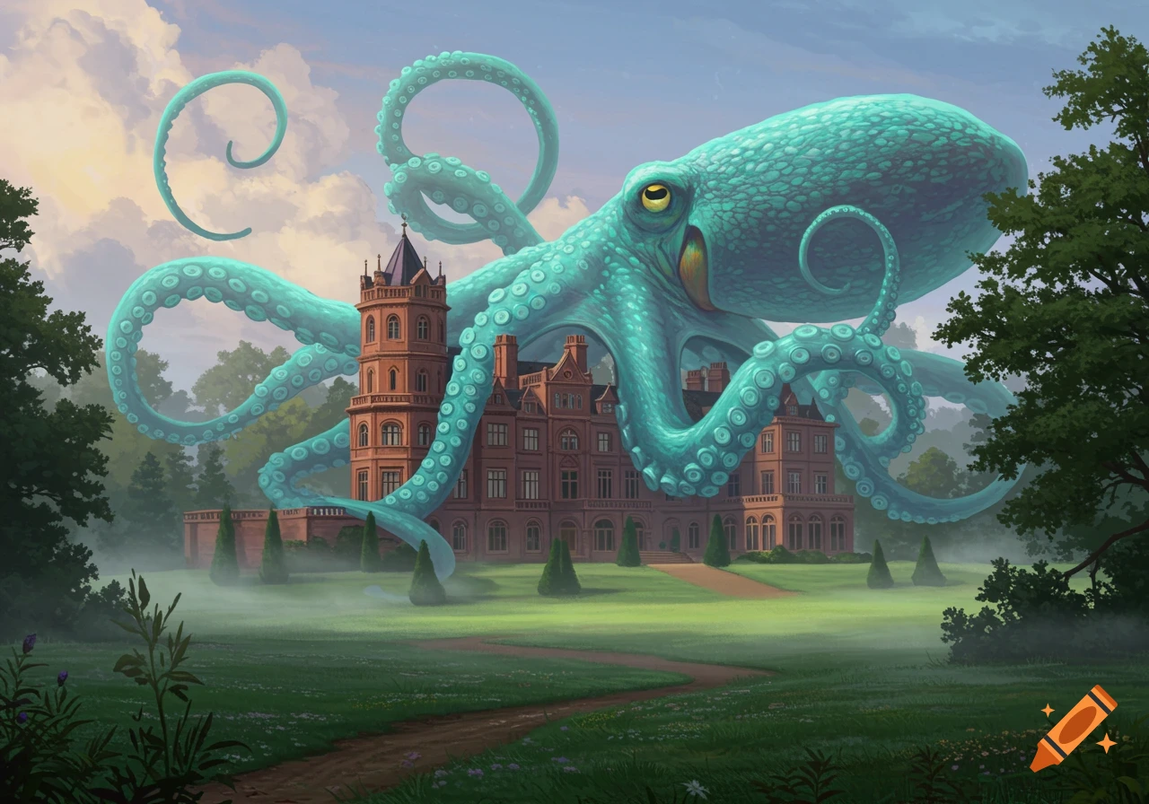 A giant, teal octopus with large eyes wraps its tentacles around a brown mansion in a misty, green landscape.