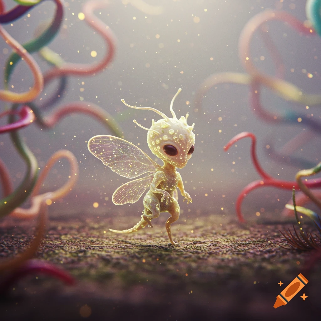 A tiny, photorealistic alien-like creature with transparent wings and antennae stands on textured ground amidst glowing particles and colorful tendrils.