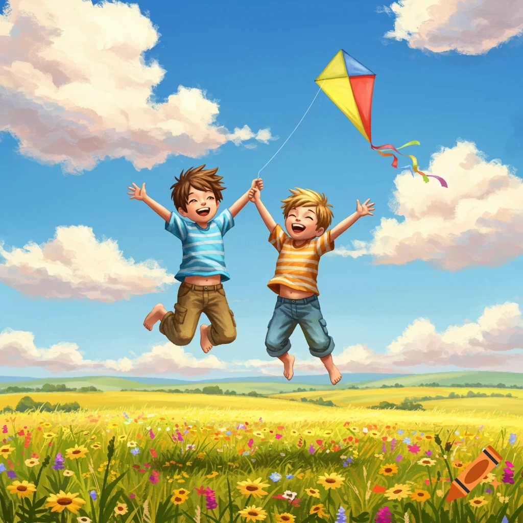 Two happy illustrated boys jump for joy, holding a colorful kite in a vibrant flower field under a blue sky.