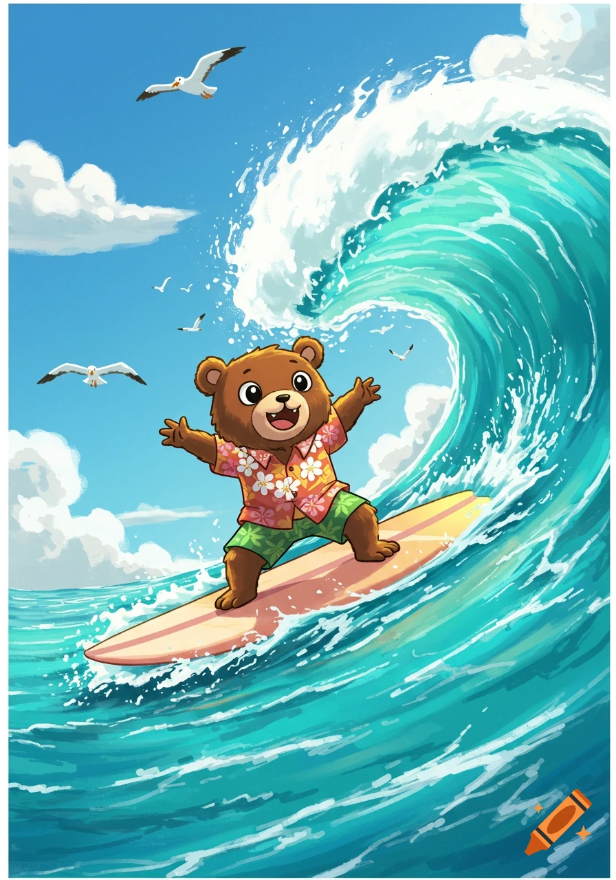 A happy cartoon bear in a Hawaiian shirt surfs a large wave with seagulls flying overhead.