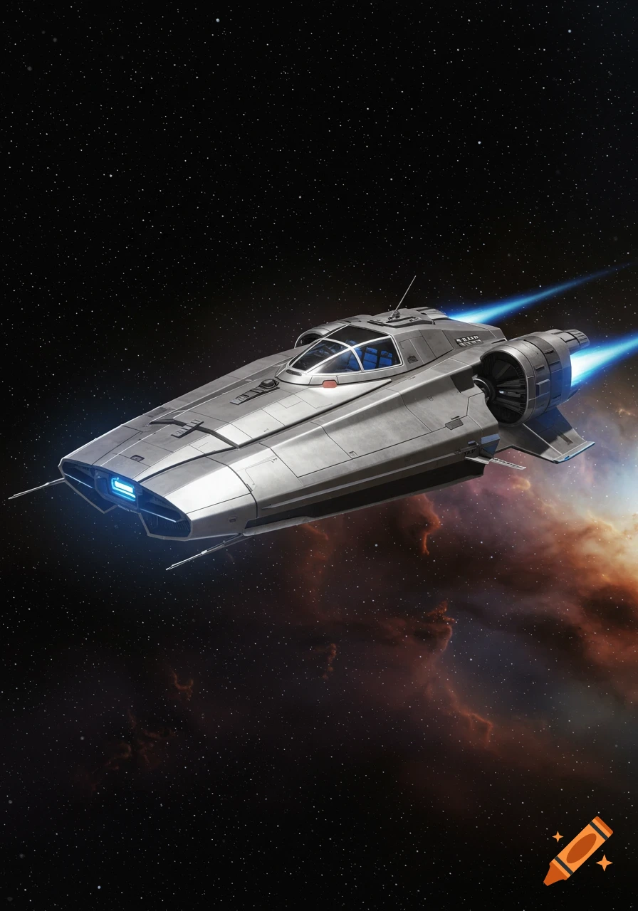 A sleek, silver spaceship with blue engines flies through a star-filled galaxy with a red nebula.