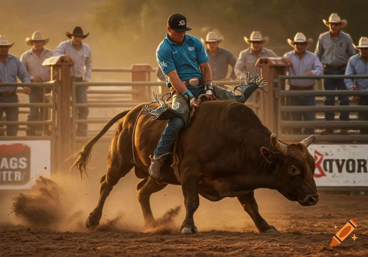 A bull rider in a blue shirt and black hat riding a bucking bull in a dusty arena with spectators in the background.