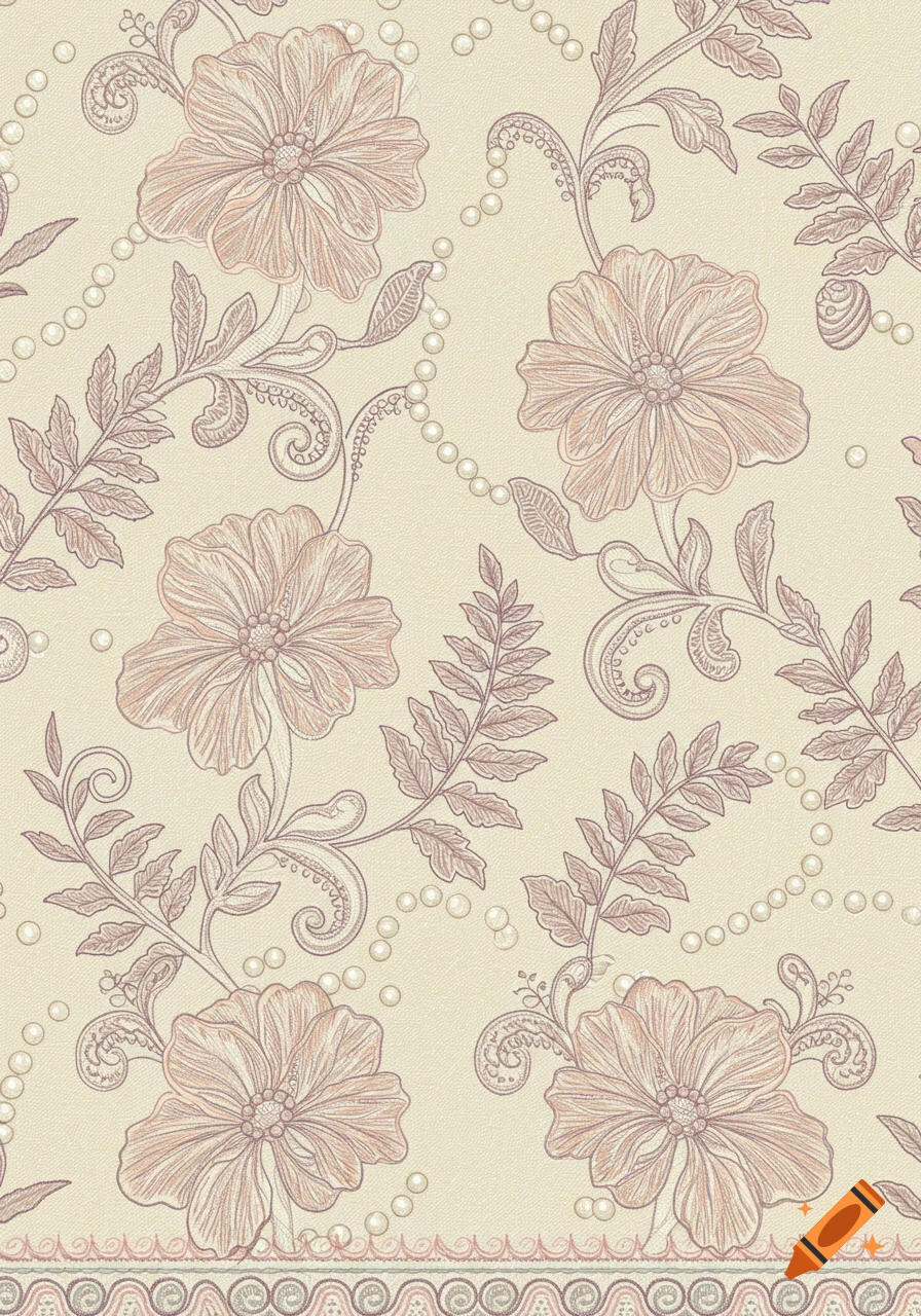 A beige background with a seamless pattern of outlined light pink flowers, leaves, and swirling vines interspersed with strands of pearls, and a decorative border at the bottom.