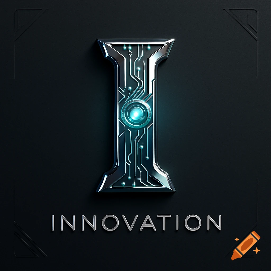 A shiny metallic letter 'I' with blue glowing circuits on a dark background, with the word 'INNOVATION' below.