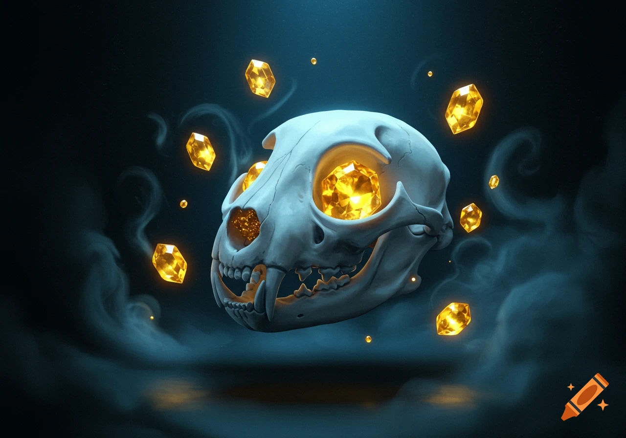 A stylized white cat skull with glowing yellow gemstones for eyes floats amid wisps of smoke and smaller gems on a dark blue background.