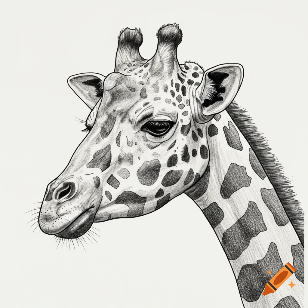 Black and white pencil drawing of a giraffe's head and neck looking sideways.