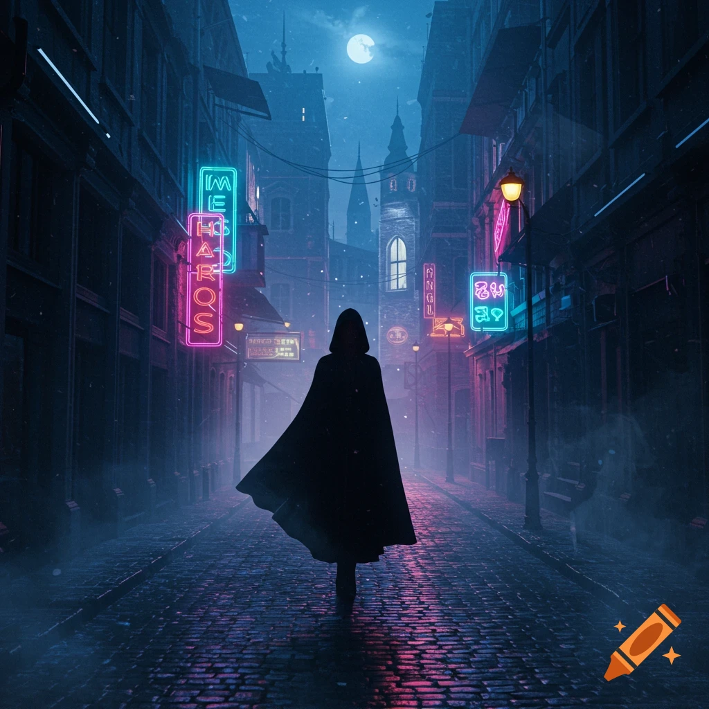 A silhouetted figure in a hooded cloak walks down a dark, narrow cobblestone street at night, lit by neon signs and a full moon.